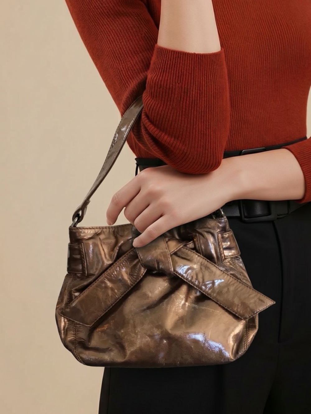 Kooba Elisha mini bow brown leather patent purse